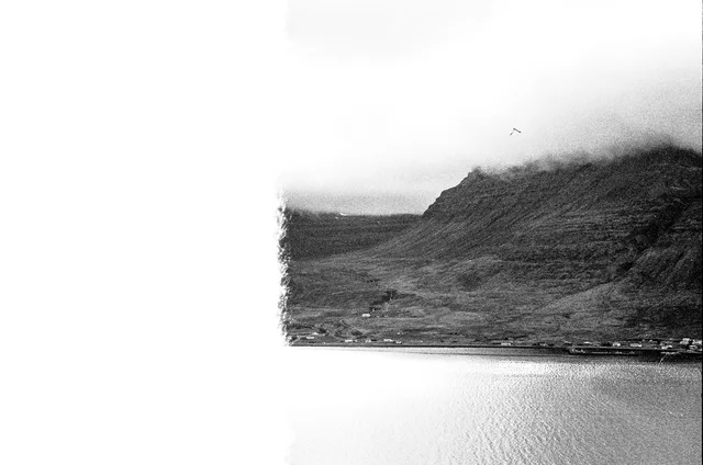 A mist-covered hillside above calm water, with a bright band along the image's left edge
