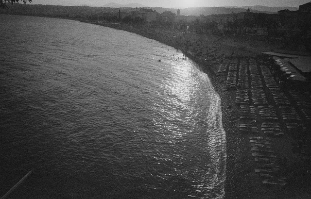 Sunlight tracing a curving beach lined with rows of parasols