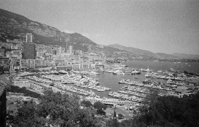 A marina crowded with boats below hillside buildings and a mountain ridge