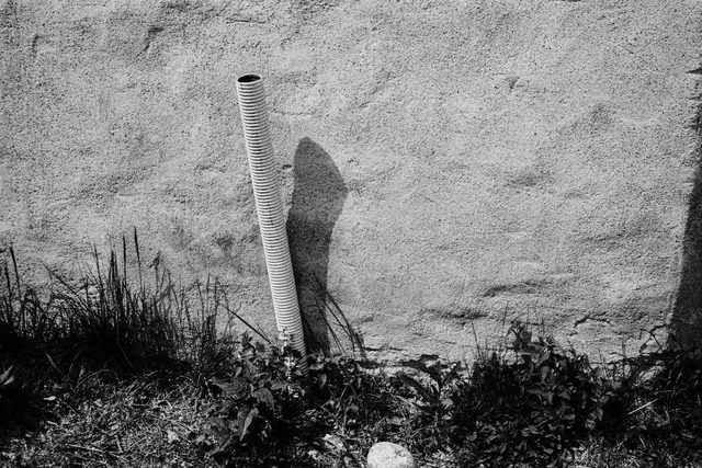 A narrow pipe casting a shadow on a textured wall above weeds