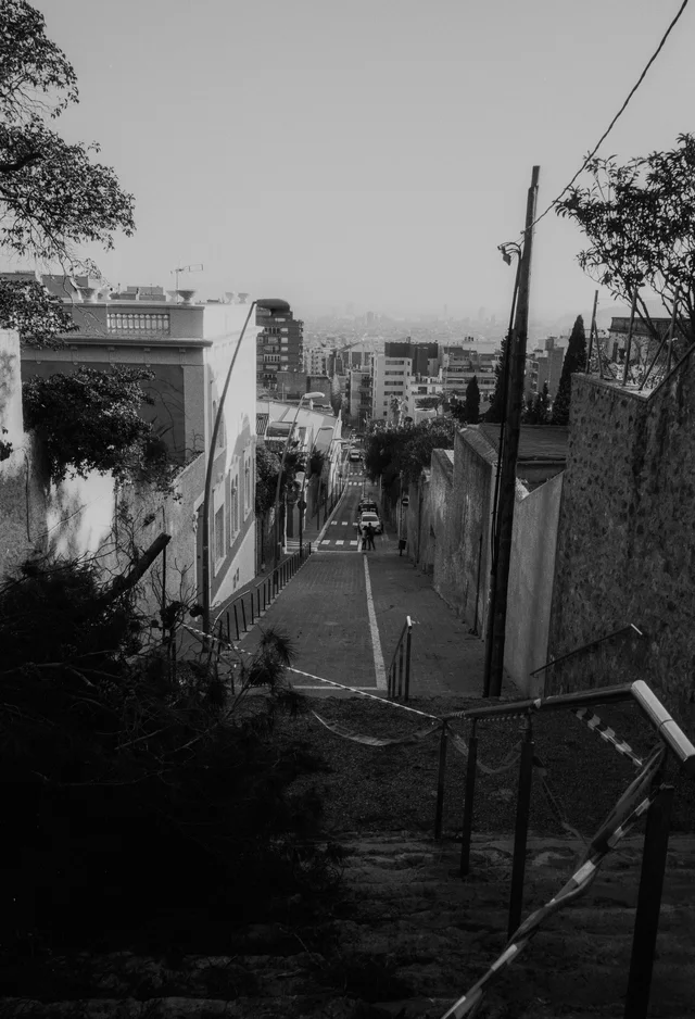 Steps descending between walls toward a narrow city street