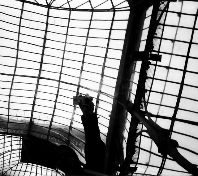 A dark sculptural figure silhouetted beneath a vaulted glass roof