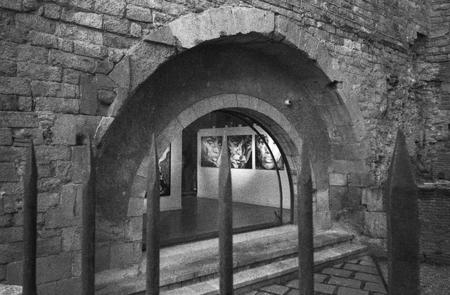 A stone archway framing steps and a glass doorway