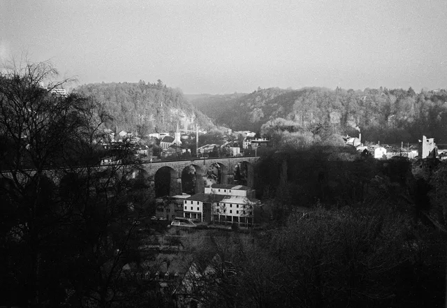 A town and arched viaduct surrounded by wooded hills
