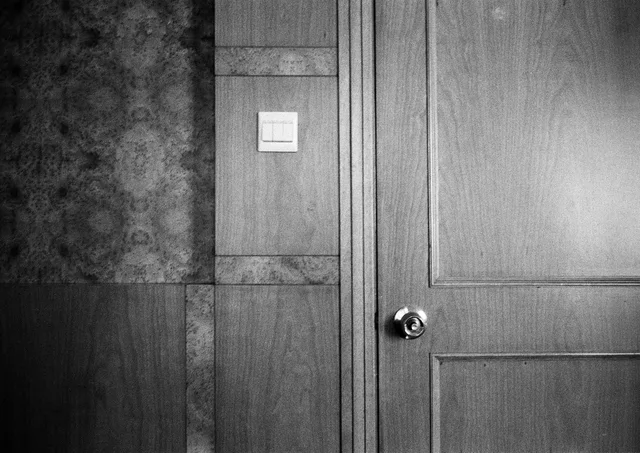 A wooden door with a round knob beside wall panels and a light switch