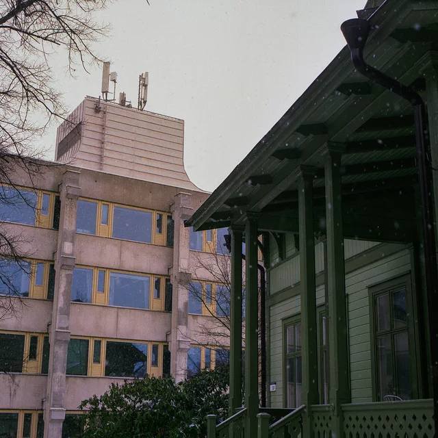 A green wooden house beside a larger building with yellow window frames