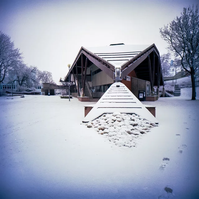 Snow-covered steps leading to an angular wooden building