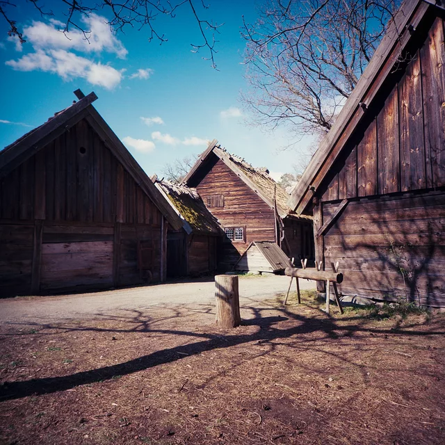 Timber cabins with steep gabled roofs beside a dirt path