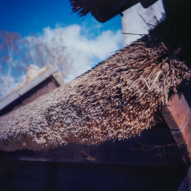 A thick thatched roof on a rustic wooden building