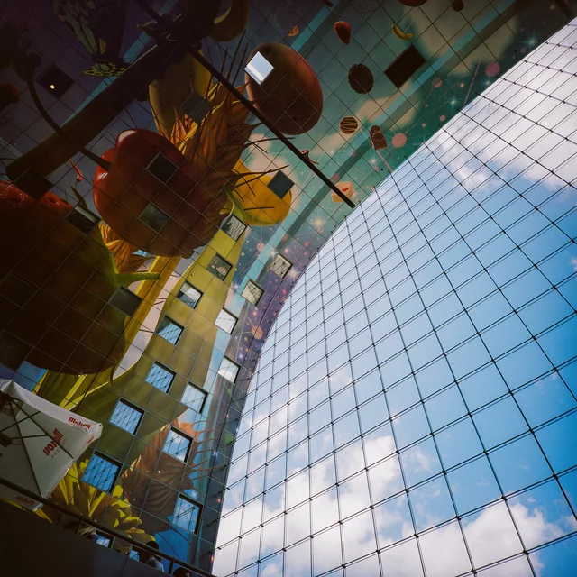 A curved interior covered in colourful artwork beside a gridded glass wall